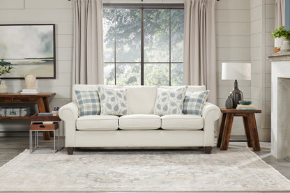 Made in Canada Scarlett 87" Chenille Fabric Sofa with Rolled Arms and Accent Pillows - Ecru Beige | Sofa Scarlett de 87 po fabriqué au Canada en tissu de chenille avec accoudoirs enroulés et coussins décoratifs - beige écru