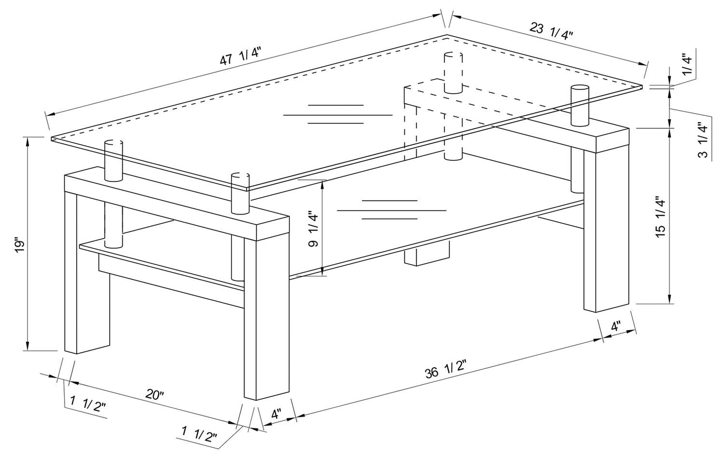 Harvy  47.25" Modern Glass Top Coffee Table with Shelf - White |Table à café moderne Harvy de 47,25 po avec dessus en verre et tablette - blanche