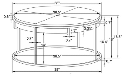 Jaida 38" Modern Round Coffee Table - Brown with Grey Metal Base | Table à café moderne Jaida ronde de 38 po - brune avec base en métal gris