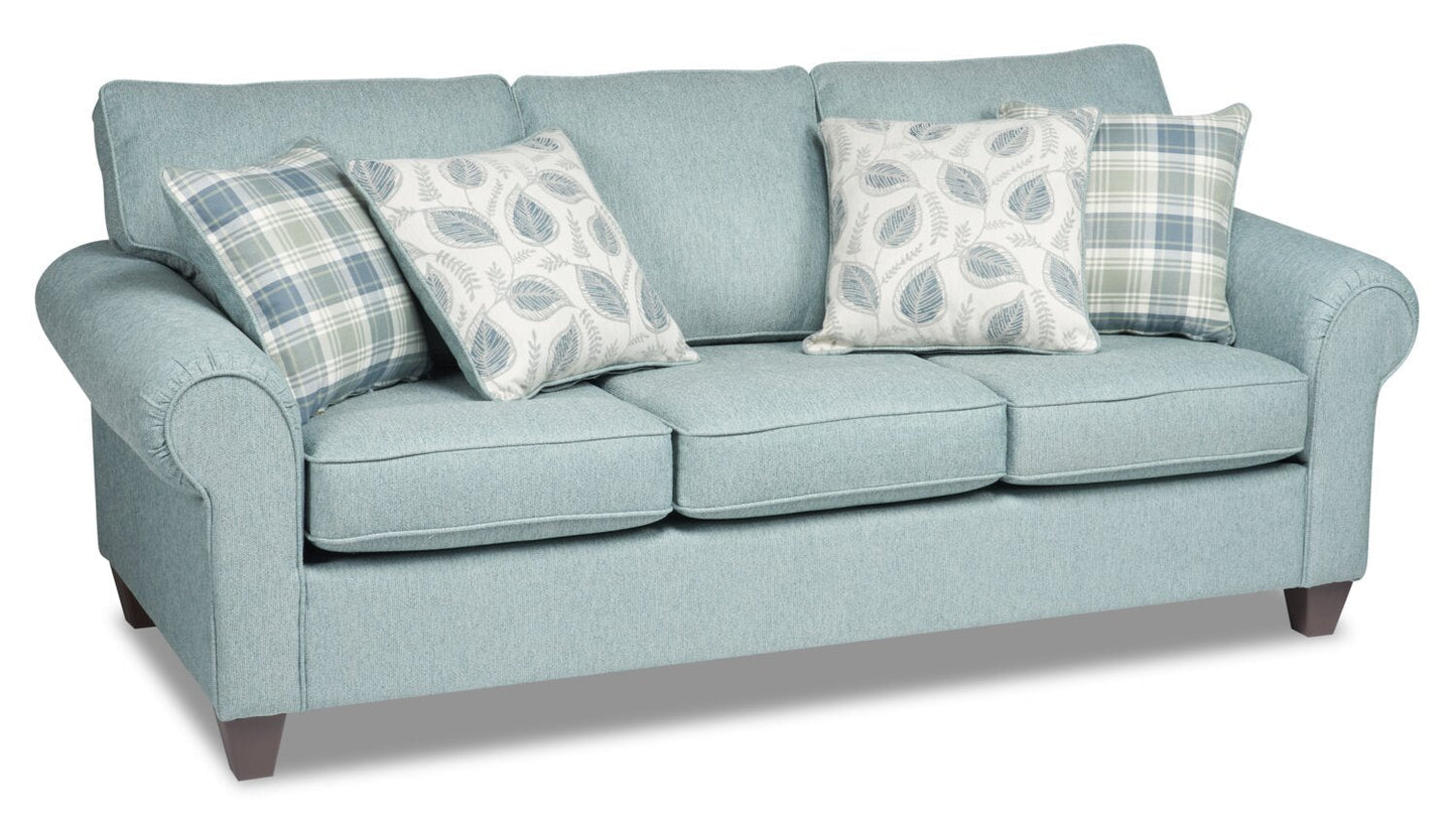 Made in Canada Scarlett 87" Chenille Fabric Sofa with Rolled Arms and Accent Pillows - Marine Blue | Sofa Scarlett de 87 po fabriqué au Canada en tissu de chenille avec accoudoirs enroulés et coussins décoratifs - bleu marine