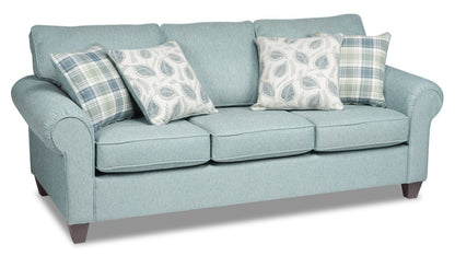 Made in Canada Scarlett 87" Chenille Fabric Sofa with Rolled Arms and Accent Pillows - Marine Blue | Sofa Scarlett de 87 po fabriqué au Canada en tissu de chenille avec accoudoirs enroulés et coussins décoratifs - bleu marine