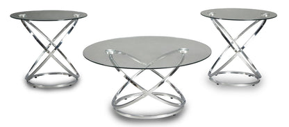 Hollynx 38" Glam Round 3-Pack Coffee + 2 End Tables - Silver Metal Base with Glass Top|Ensemble 3 tables rondes somptueuses Hollynx de 38 po (table à café et 2 tables de bout) - base en métal argenté avec dessus en verre