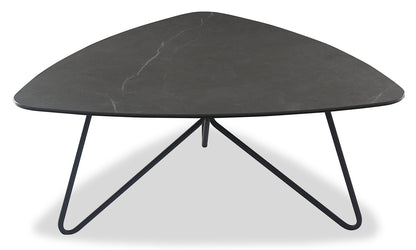 Hamilton 37.99" Modern Triangular Coffee Table - Grey Marble Look Top with Black Metal Legs|Table à café triangulaire moderne Hamilton de 37,99 po - dessus en imitation de marbre gris avec pattes en métal noir
