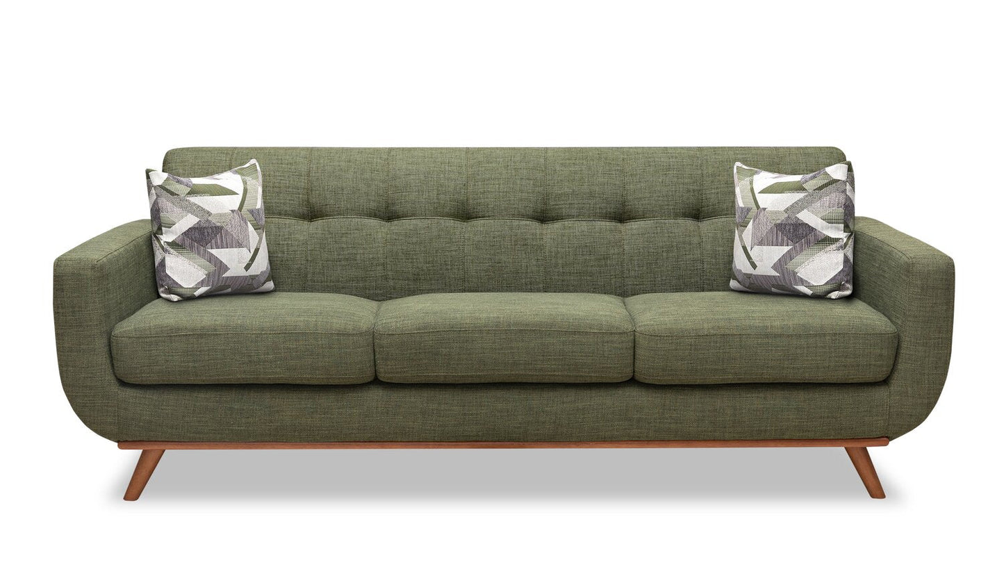 Kort & Co. Freeman 88" Linen-Look Fabric Sofa with Wood Base and Tufted Back Cushions - Avocado Green | Sofa Freeman Kort & Co. de 88 po en tissu d’apparence lin avec pattes en bois et coussins de dossier capitonnés - vert avocat