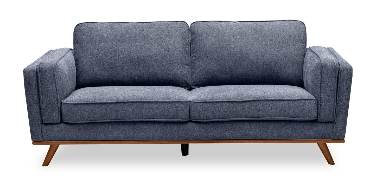Kort & Co. Kassia 80" Linen-Look Fabric Condo Size Sofa with Wood Base and Legs - Blue | Sofa Kassia de Kort & Co. de 80 po de format condo en tissu d’apparence lin avec base et pattes en bois - bleu