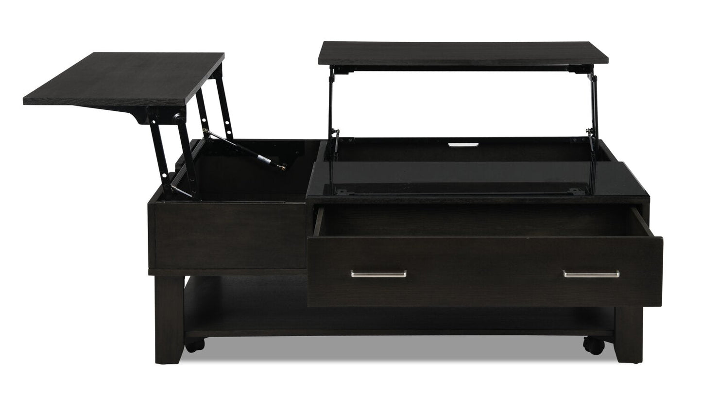 Landon 48" Modern Lift Top Coffee Table With Storage, Shelf and Casters - Dark Brown  |Table à café moderne Landon de 48 po avec dessus relevable, rangement, tablette et roulettes - brun foncé