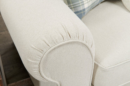 Made in Canada Scarlett 87" Chenille Fabric Sofa with Rolled Arms and Accent Pillows - Ecru Beige | Sofa Scarlett de 87 po fabriqué au Canada en tissu de chenille avec accoudoirs enroulés et coussins décoratifs - beige écru