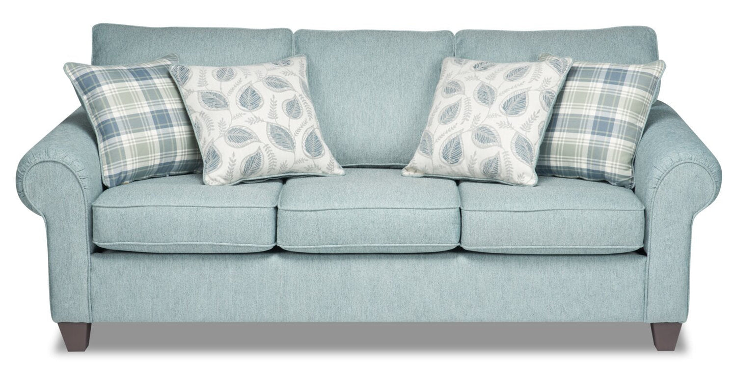 Made in Canada Scarlett 87" Chenille Fabric Sofa with Rolled Arms and Accent Pillows - Marine Blue | Sofa Scarlett de 87 po fabriqué au Canada en tissu de chenille avec accoudoirs enroulés et coussins décoratifs - bleu marine