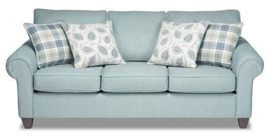Made in Canada Scarlett 87" Chenille Fabric Sofa with Rolled Arms and Accent Pillows - Marine Blue | Sofa Scarlett de 87 po fabriqué au Canada en tissu de chenille avec accoudoirs enroulés et coussins décoratifs - bleu marine