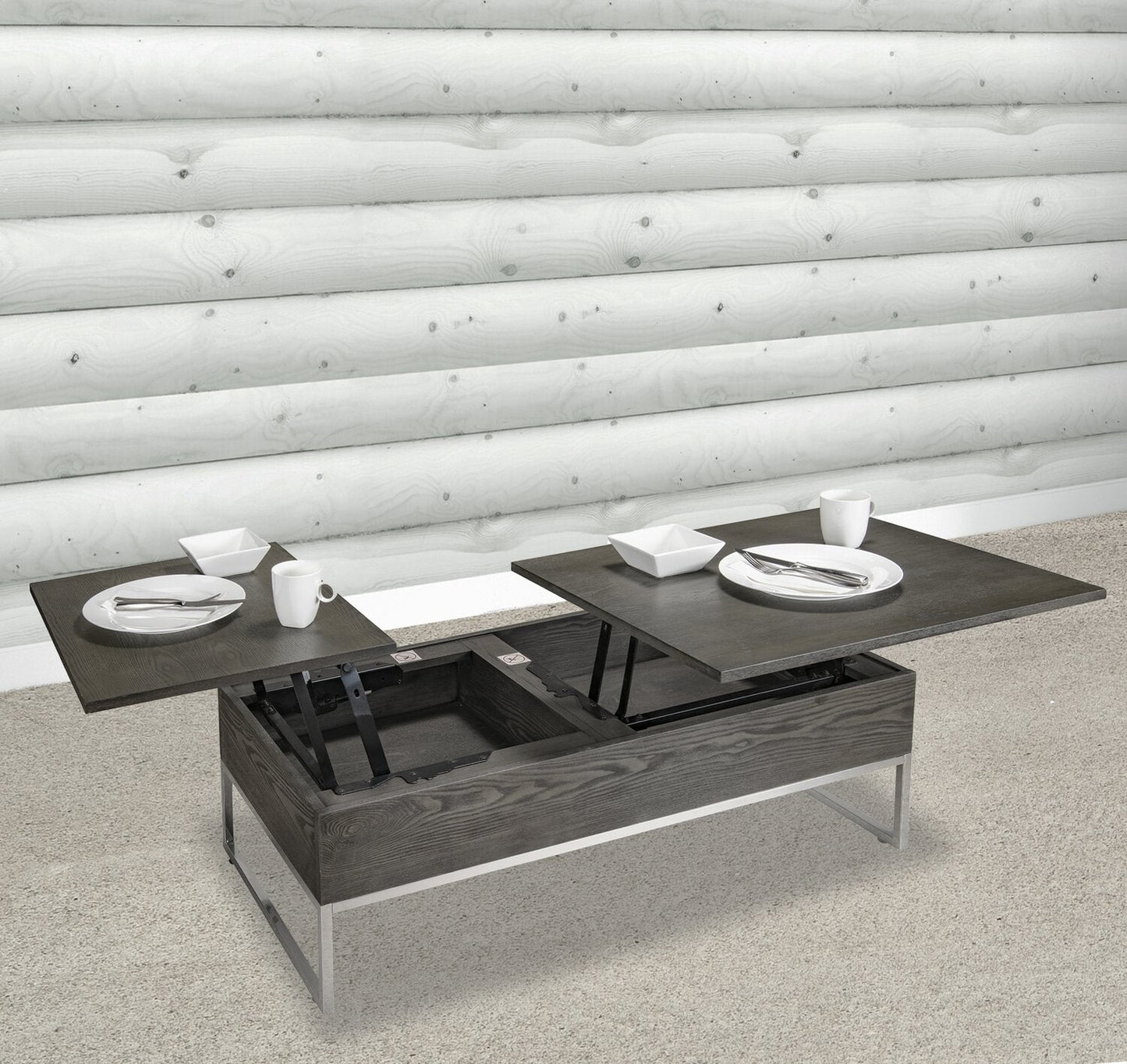 Echo 47.25" Modern Lift Top Coffee Table with Storage - Brown with Silver Metal Legs|Table à café moderne Echo de 47,25 po avec dessus relevable et rangement - brune avec pattes en métal argenté