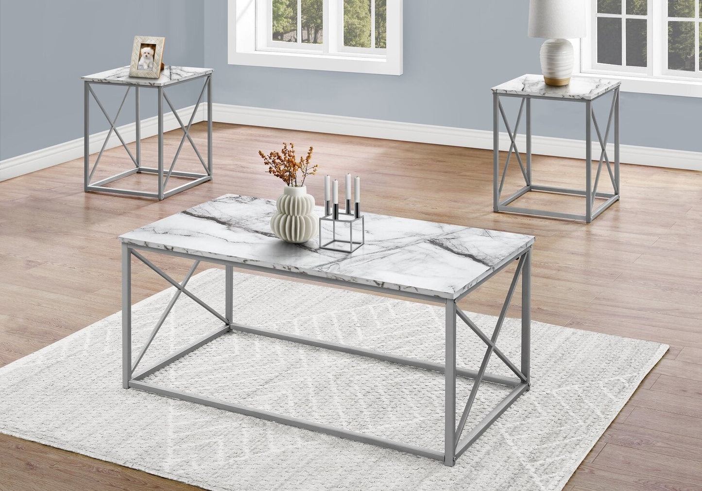 Kasey 42.25" Modern 3-Pack Coffee + 2 End Tables - White Marble Look with Grey Metal Base|Ensemble 3 tables modernes Kasey de 42,25 po (table à café et 2 tables de bout) - imitation de marbre blanc avec base en métal gris