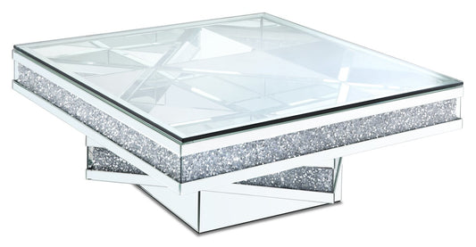 Rosie 39" Glam Mirror & Glass Top Coffee Table - Silver Metal with Diamond Look Legs|Table à café somptueuse Rosie de 39 po avec dessus en miroir et en verre - métal argenté avec pattes à apparence de diamant