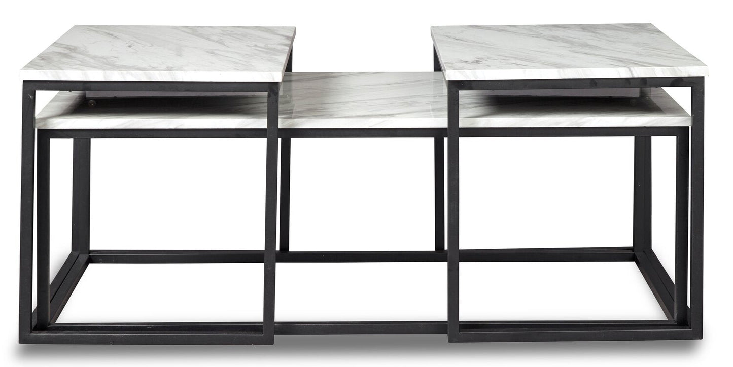 Donnesta 46" Modern 3-Pack Coffee + 2 End Tables - Marble Look with Black Metal Frame|Ensemble 3 tables modernes Donnesta de 46 po (table à café et 2 tables de bout) - imitation de marbre avec armature en métal noir