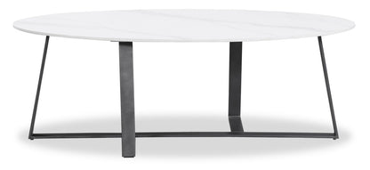 Kort & Co. Nico 51" Modern Oval Coffee Table - White Sinetered Stone with Dark Grey Metal Legs|Table à café ovale moderne Nico de Kort & Co. de 51 po - pierre frittée blanche avec pattes en métal gris foncé