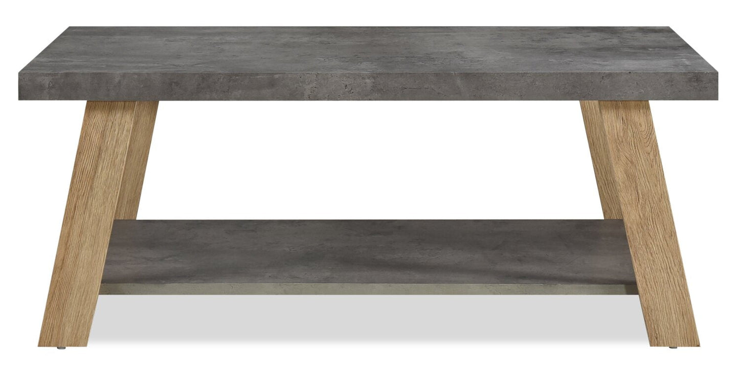 Kelly 43.3" Modern Coffee Table with Shelf - Grey Stone Top with Light Wood Legs|Table à café moderne Kelly de 43,3 po avec tablette - dessus en pierre grise avec pattes en bois clair