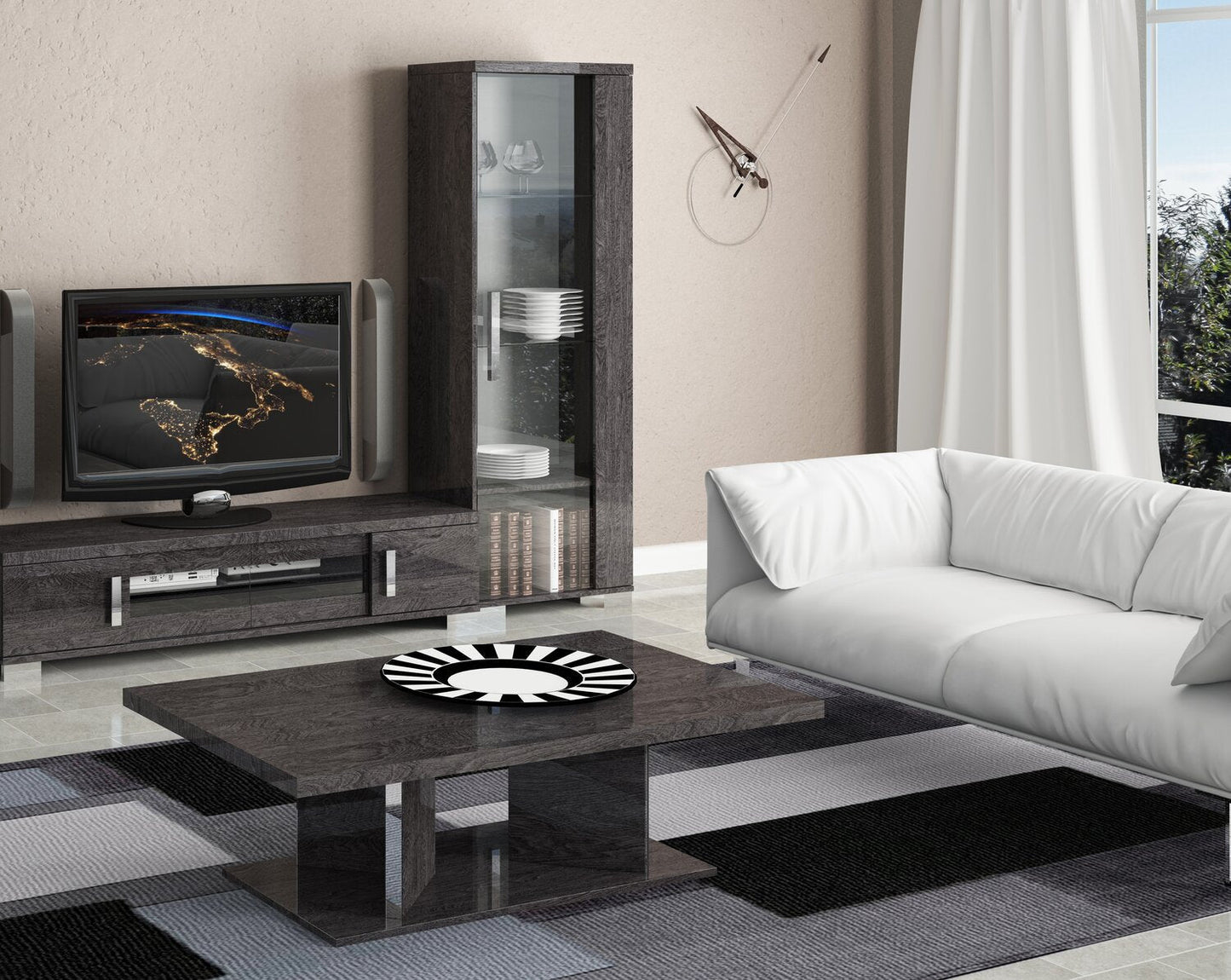 Mara 51.1" Modern Coffee Table - Dark Grey Wood with Lacquer Finish|Table à café moderne Mara de 51,1 po - bois gris foncé avec fini laqué