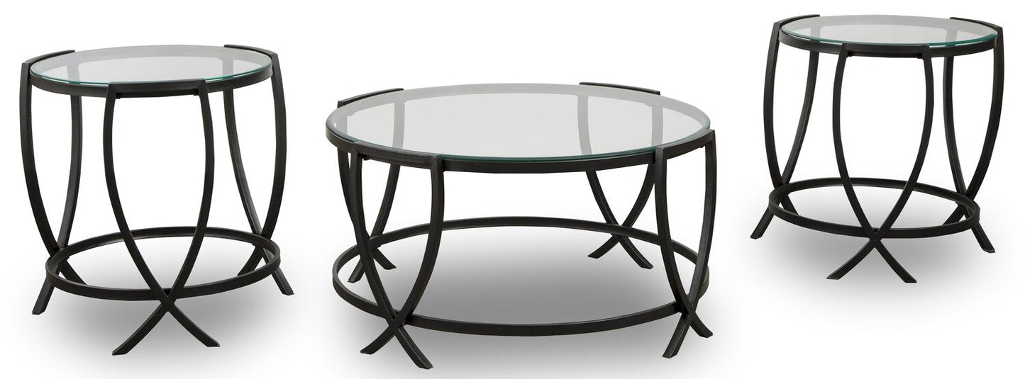 Tarrin 36.13" Modern Round 3-Pack Coffee + 2 End Tables - Glass Top with Metal Legs|Ensemble 3 tables rondes modernes Tarrin de 36,13 po (table à café et 2 tables de bout) - dessus en verre avec pattes en métal