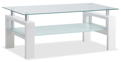 Harvy  47.25" Modern Glass Top Coffee Table with Shelf - White |Table à café moderne Harvy de 47,25 po avec dessus en verre et tablette - blanche