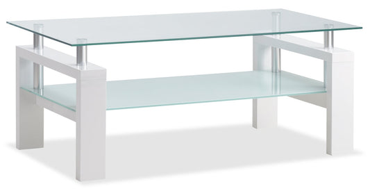 Harvy  47.25" Modern Glass Top Coffee Table with Shelf - White |Table à café moderne Harvy de 47,25 po avec dessus en verre et tablette - blanche