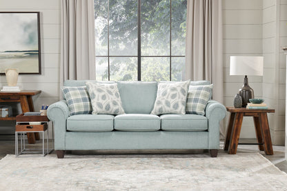 Made in Canada Scarlett 87" Chenille Fabric Sofa with Rolled Arms and Accent Pillows - Marine Blue | Sofa Scarlett de 87 po fabriqué au Canada en tissu de chenille avec accoudoirs enroulés et coussins décoratifs - bleu marine