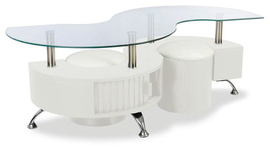 Savon  52.5" Modern S-shaped 3-Pack Coffee + 2 Ottomans with Storage and Shelf - White Wood and Chrome |Ensemble 3 articles modernes en forme de S Savon de 52,5 po (table à café et 2 poufs) avec rangement et tablette - bois blanc et chrome