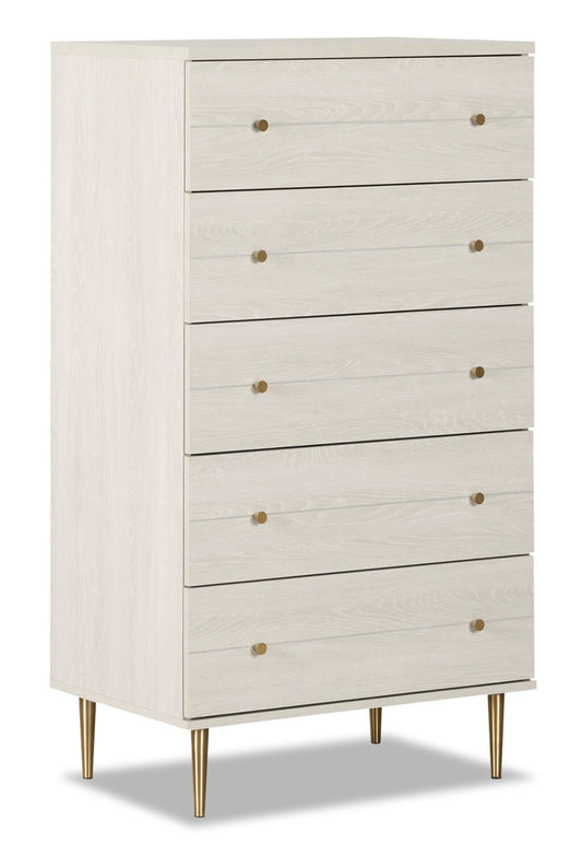 Lake Bedroom Chest of Drawers, 5-Drawer, 29"W x 52"H, Made in Canada, Glam - White | Commode verticale somptueuse Lake de 29 po (L) x 52 po (H) à 5 tiroirs pour la chambre à coucher, fabriquée au Canada - blanche