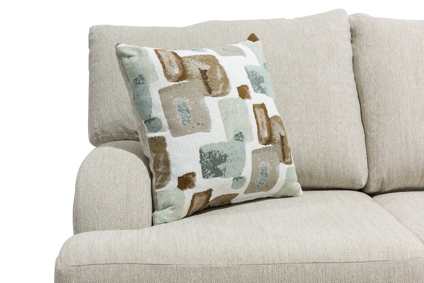 Made in Canada Nofia 80" Chenille Fabric Sofa with Two Accent Pillows and Wood Legs - Linen Beige | Sofa Nofia de 80 po fabriqué au Canada en tissu de chenille avec 2 coussins décoratifs et pattes en bois - beige lin