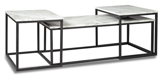 Donnesta 46" Modern 3-Pack Coffee + 2 End Tables - Marble Look with Black Metal Frame|Ensemble 3 tables modernes Donnesta de 46 po (table à café et 2 tables de bout) - imitation de marbre avec armature en métal noir