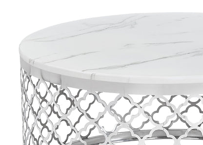 Belle 36" Glam Round Sofa Table - White Marble Top with Stainless Steel Base|Table de salon ronde somptueuse Belle de 36 po - dessus en marbre blanc avec base en acier inoxydable