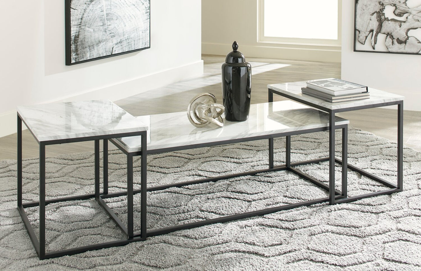 Donnesta 46" Modern 3-Pack Coffee + 2 End Tables - Marble Look with Black Metal Frame|Ensemble 3 tables modernes Donnesta de 46 po (table à café et 2 tables de bout) - imitation de marbre avec armature en métal noir