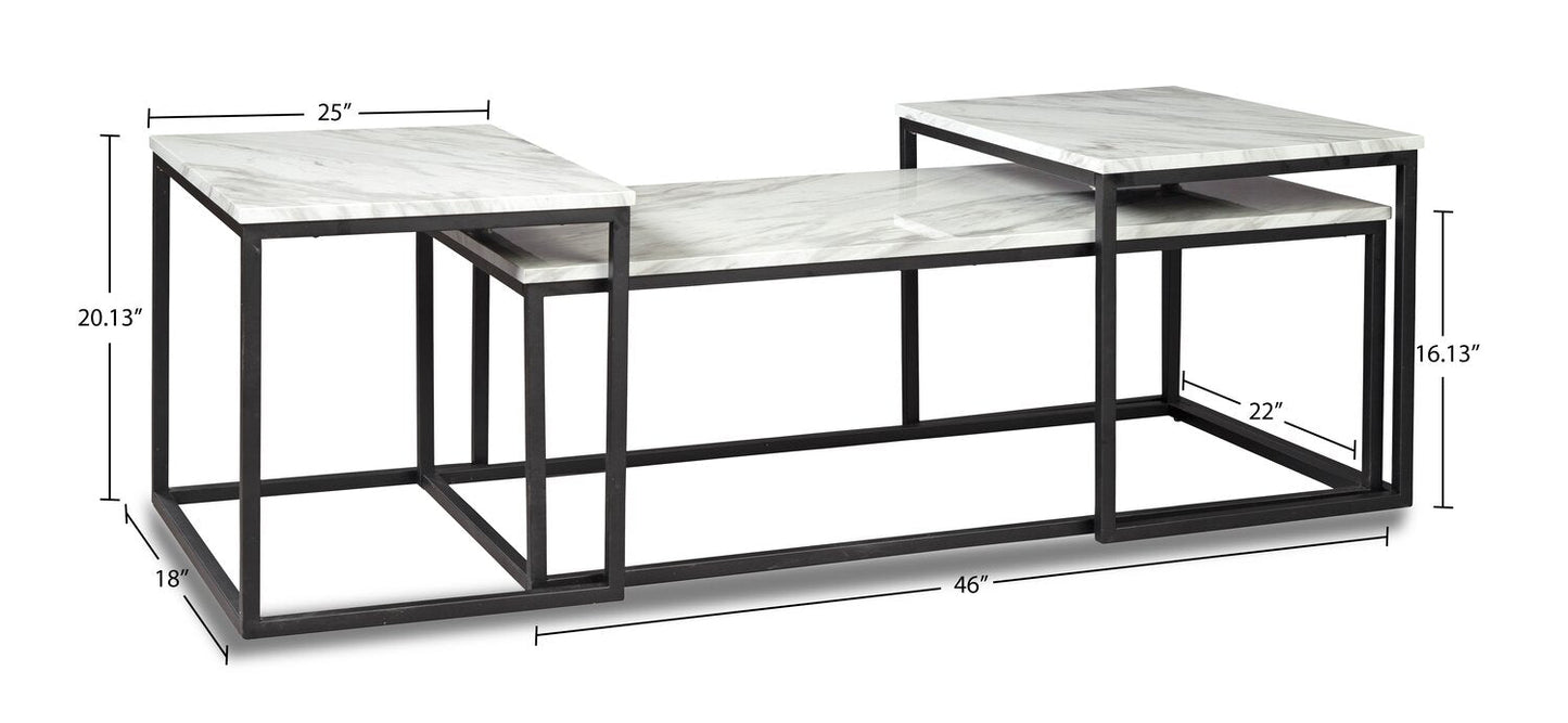 Donnesta 46" Modern 3-Pack Coffee + 2 End Tables - Marble Look with Black Metal Frame|Ensemble 3 tables modernes Donnesta de 46 po (table à café et 2 tables de bout) - imitation de marbre avec armature en métal noir