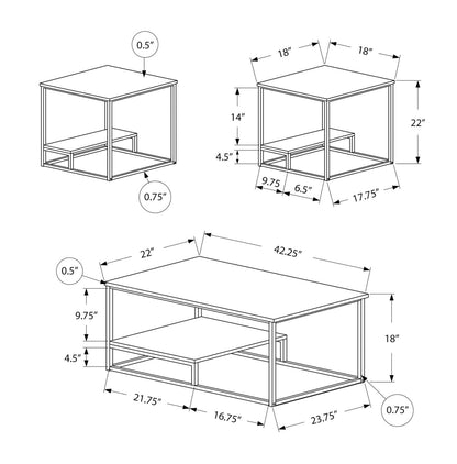Jules 42.25" Modern 3-Pack Coffee + 2 End Tables with Shelf - White with Grey Metal Frame|Ensemble 3 tables modernes Jules de 42,25 po (table à café et 2 tables de bout) avec tablette - blanc avec armature en métal gris