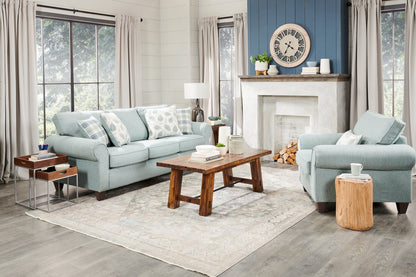 Made in Canada Scarlett 87" Chenille Fabric Sofa with Rolled Arms and Accent Pillows - Marine Blue | Sofa Scarlett de 87 po fabriqué au Canada en tissu de chenille avec accoudoirs enroulés et coussins décoratifs - bleu marine