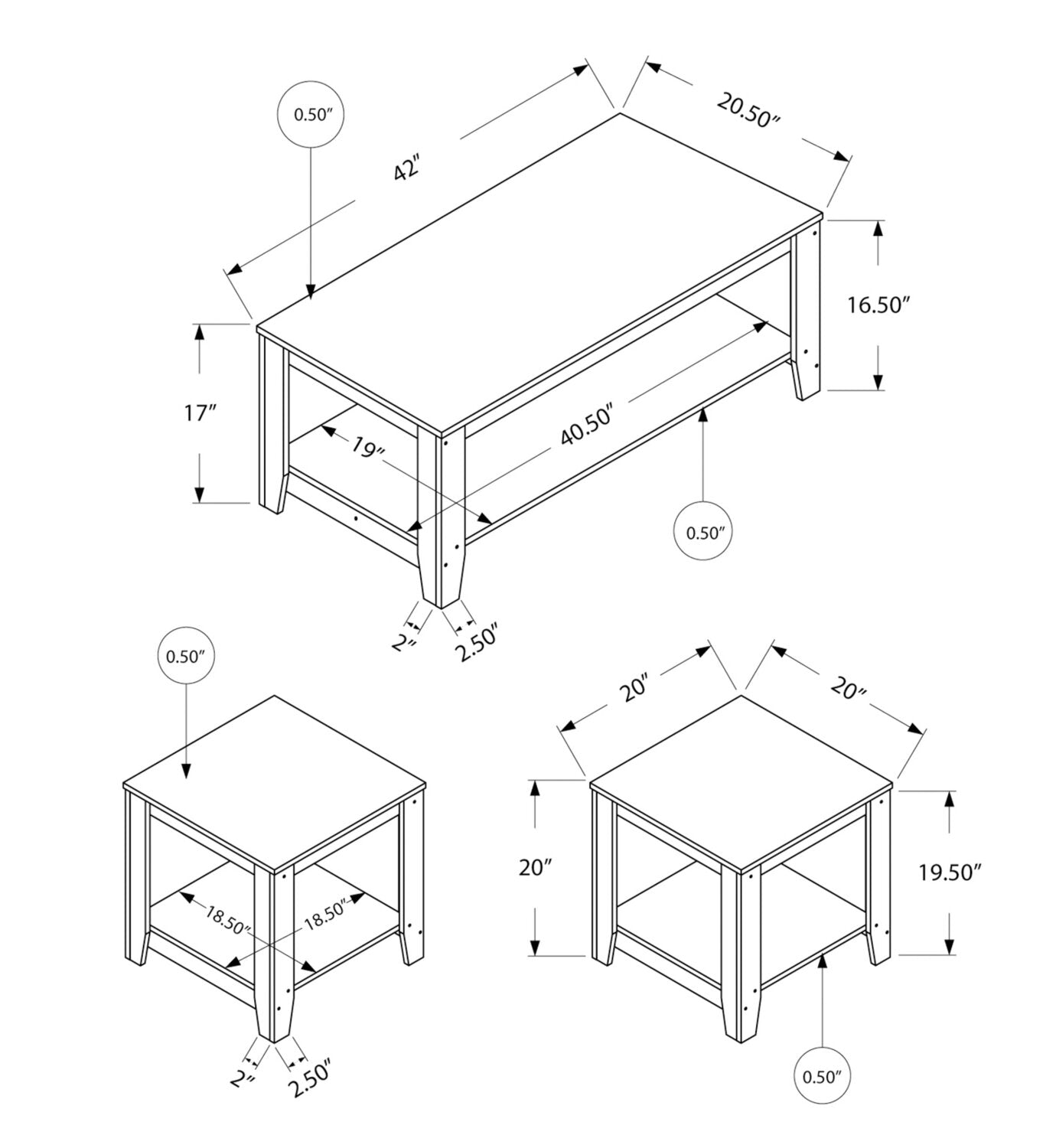 Kalen 42" Modern 3-Pack Coffee + 2 End Tables with Shelf - Grey |Ensemble 3 tables modernes Kalen de 42 po (table à café et 2 tables de bout) avec tablette - gris