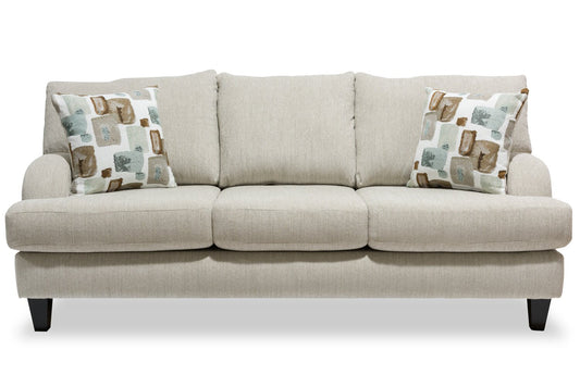 Made in Canada Nofia 80" Chenille Fabric Sofa with Two Accent Pillows and Wood Legs - Linen Beige | Sofa Nofia de 80 po fabriqué au Canada en tissu de chenille avec 2 coussins décoratifs et pattes en bois - beige lin