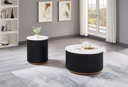 Kort & Co. Capri 32” Modern Round Coffee Table with White Sintered Stone Top and Casters - Black and Gold | Table à café ronde moderne Capri de Kort & Co. de 32 po avec dessus en pierre frittée blanche et roulettes - noire et dorée