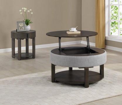 Elroy 33" Rustic Round Lift Top Coffee Table With Storage, Shelf and Casters - Brown and Grey with Fabric Edge|Table à café ronde rustique Elroy de 33 po avec dessus relevable, rangement, tablette et roulettes - brune et grise avec bordure en tissu