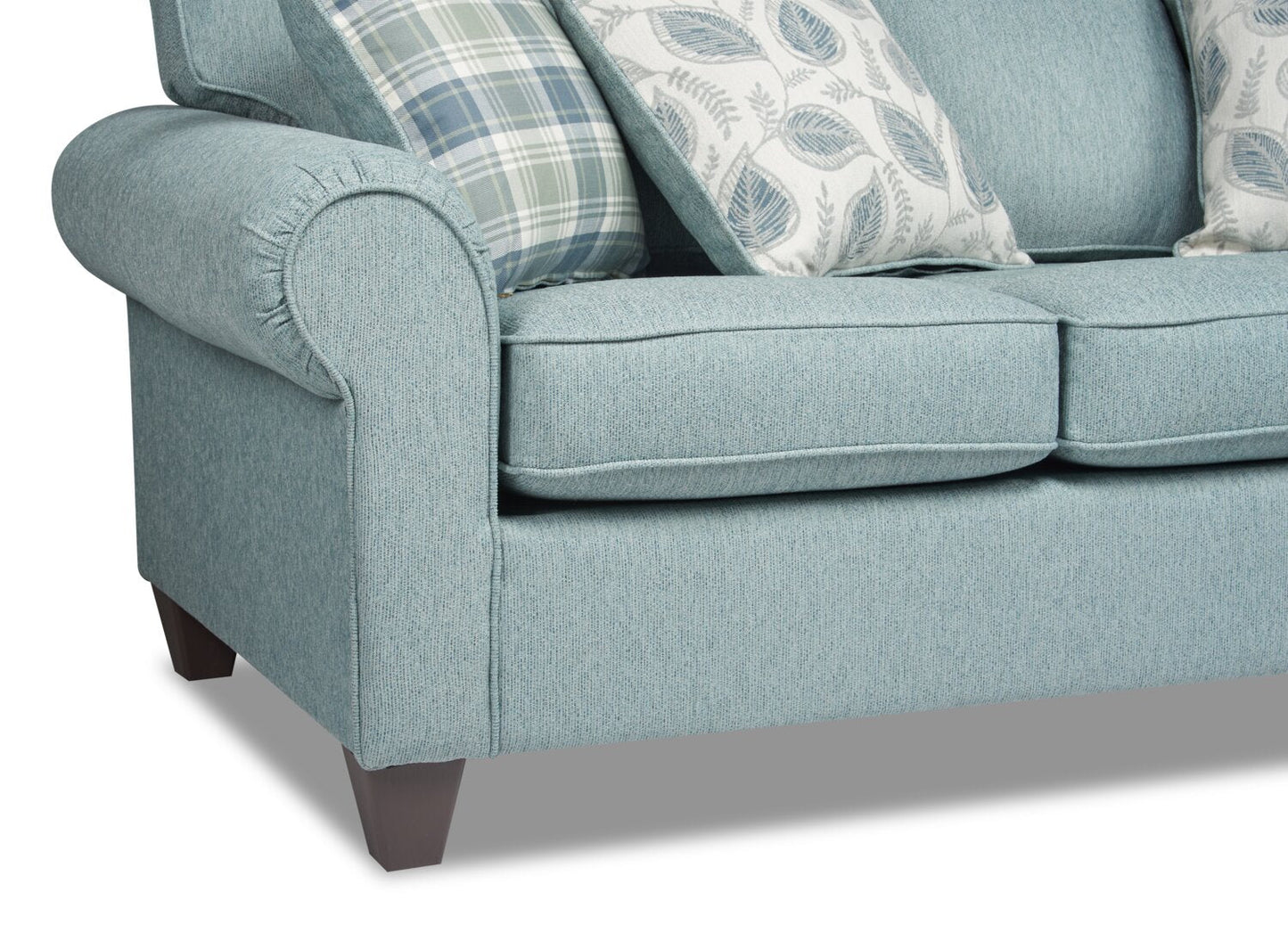 Made in Canada Scarlett 87" Chenille Fabric Sofa with Rolled Arms and Accent Pillows - Marine Blue | Sofa Scarlett de 87 po fabriqué au Canada en tissu de chenille avec accoudoirs enroulés et coussins décoratifs - bleu marine