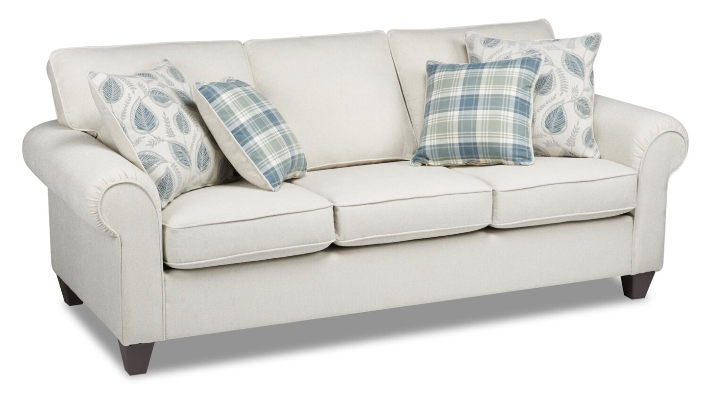 Made in Canada Scarlett 87" Chenille Fabric Sofa with Rolled Arms and Accent Pillows - Ecru Beige | Sofa Scarlett de 87 po fabriqué au Canada en tissu de chenille avec accoudoirs enroulés et coussins décoratifs - beige écru