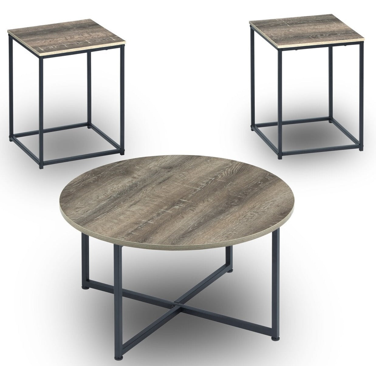 Wadeworth 31.5" Rustic 3-Pack Coffee + 2 End Tables - Taupe with Metal Legs|Ensemble 3 tables rustiques Wadeworth de 31,5 po (table à café et 2 tables de bout) - taupe avec pattes en métal