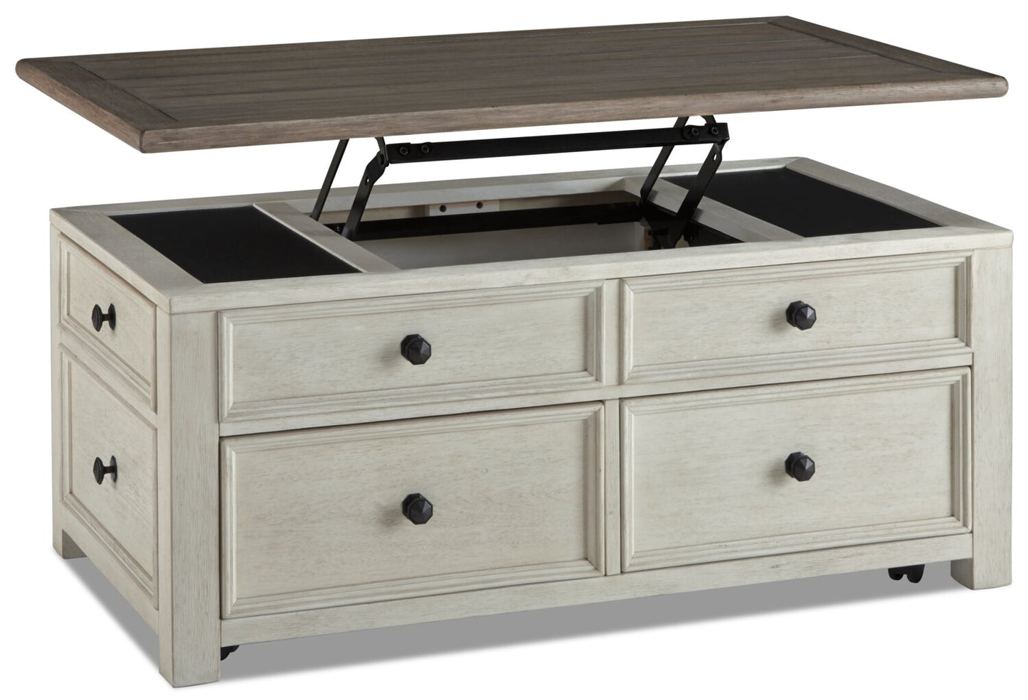 Colby 46" Rustic Lift Top Coffee Table with Storage and Casters - Two Tone Wood|Table à café rustique Colby de 46 po avec dessus relevable, rangement et roulettes - bois deux teintes