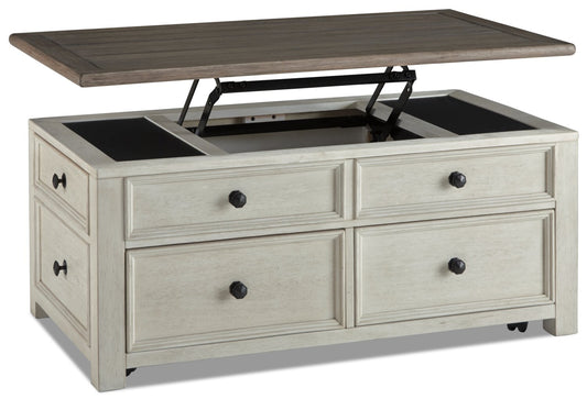 Colby 46" Rustic Lift Top Coffee Table with Storage and Casters - Two Tone Wood|Table à café rustique Colby de 46 po avec dessus relevable, rangement et roulettes - bois deux teintes