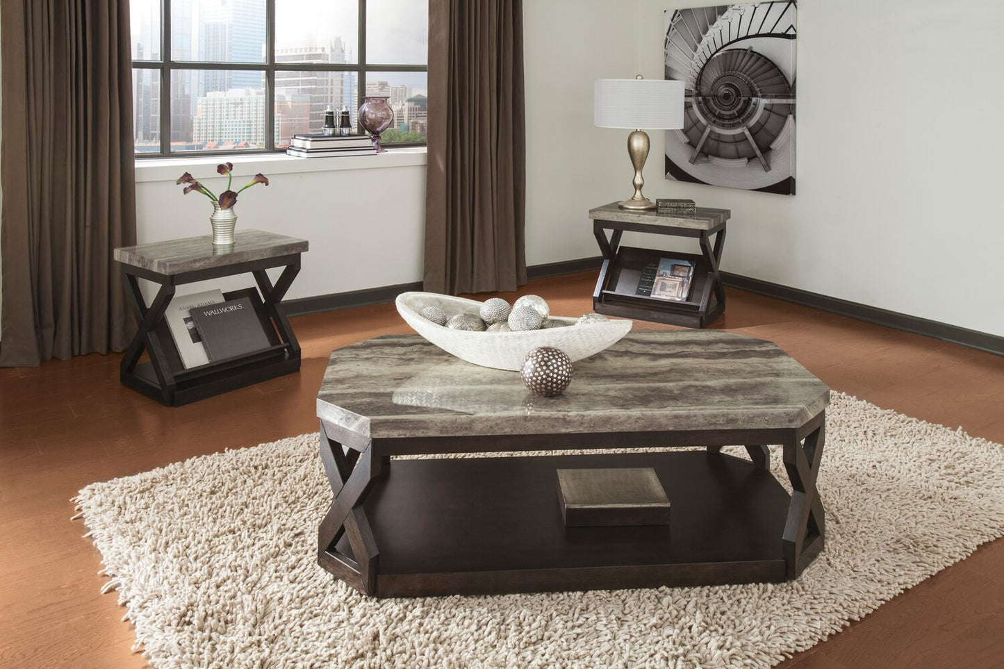 Radilyn 48.13" Traditional 3-Pack Coffee + 2 End Tables with Shelf and Casters - Faux Marble Top wit|Ensemble 3 tables traditionnelles Radilyn de 48,13 po (table à café et 2 tables de bout) avec tablet