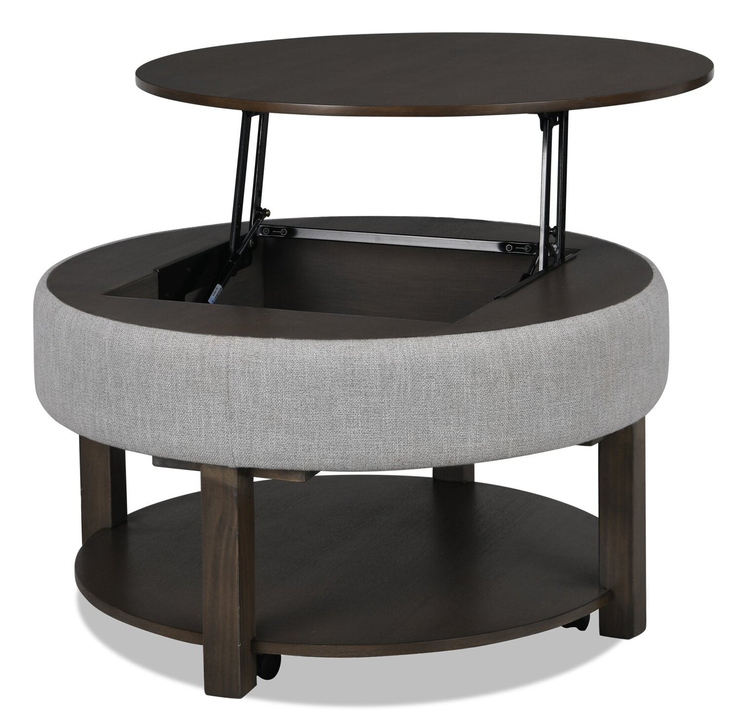 Elroy 33" Rustic Round Lift Top Coffee Table With Storage, Shelf and Casters - Brown and Grey with Fabric Edge|Table à café ronde rustique Elroy de 33 po avec dessus relevable, rangement, tablette et roulettes - brune et grise avec bordure en tissu