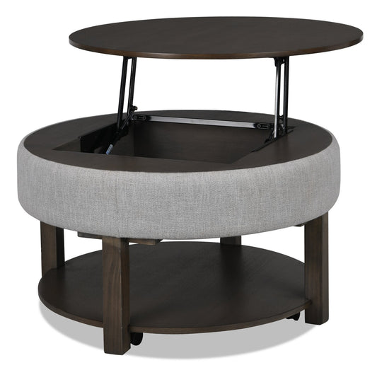 Elroy 33" Rustic Round Lift Top Coffee Table With Storage, Shelf and Casters - Brown and Grey with Fabric Edge|Table à café ronde rustique Elroy de 33 po avec dessus relevable, rangement, tablette et roulettes - brune et grise avec bordure en tissu