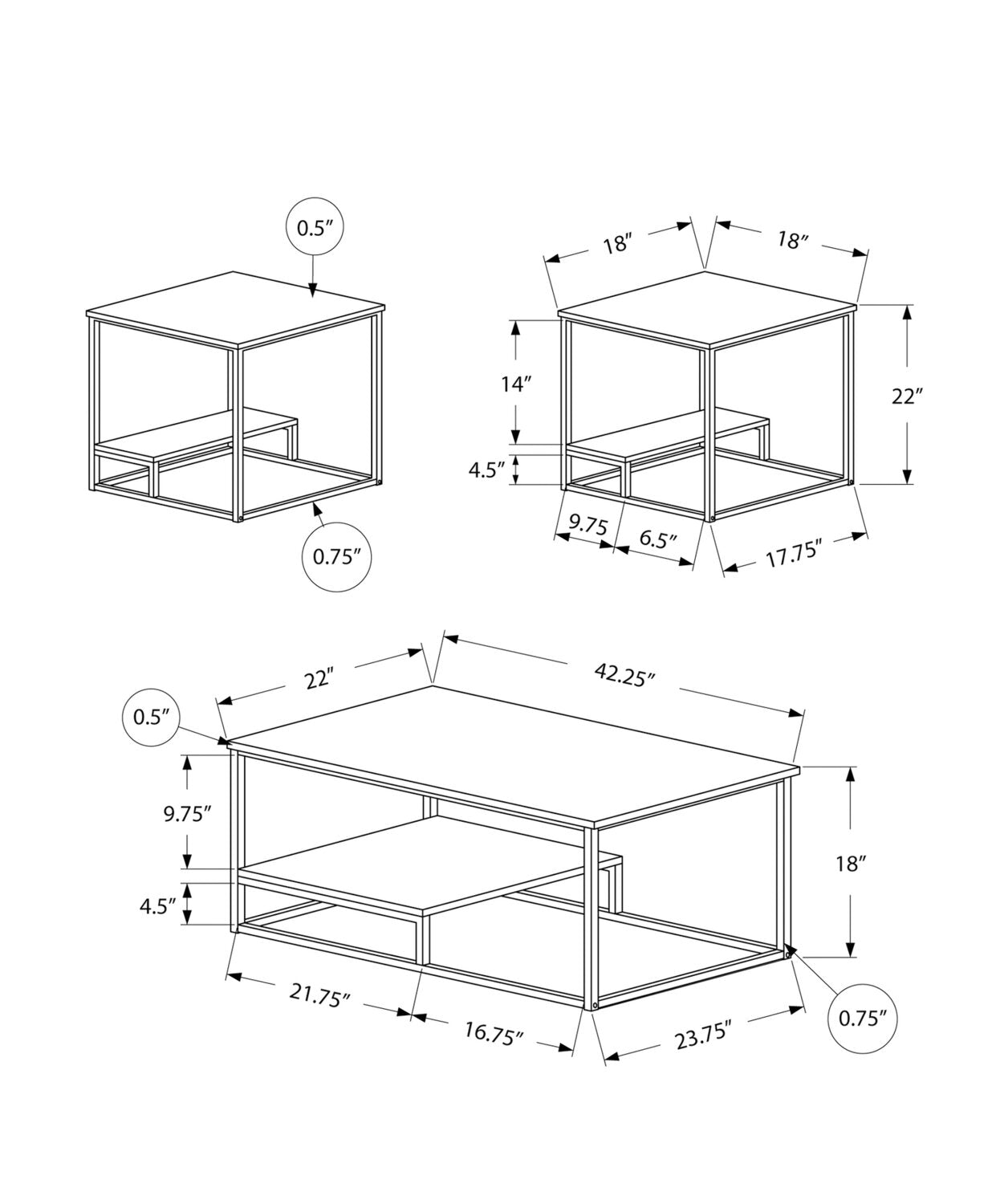 Jules 42.25" Modern 3-Pack Coffee + 2 End Tables with Shelf - Dark Taupe with Black Metal Frame|Ensemble 3 tables modernes Jules de 42,25 po (table à café et 2 tables de bout) avec tablette - taupe foncée avec armature en métal noir