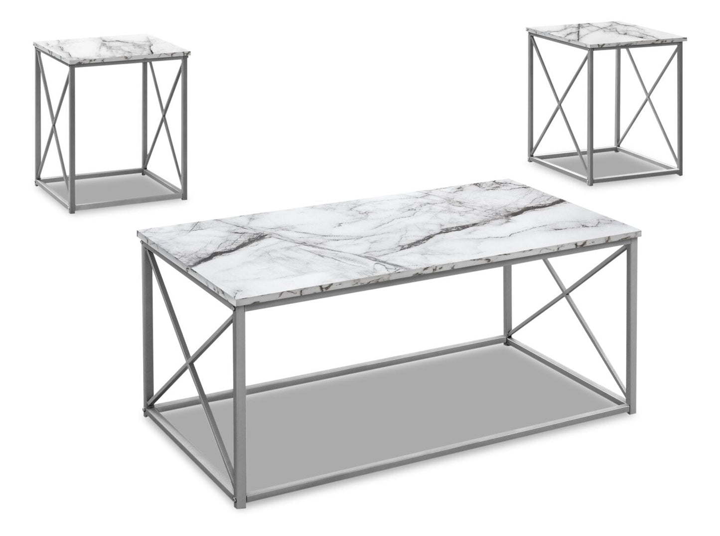 Kasey 42.25" Modern 3-Pack Coffee + 2 End Tables - White Marble Look with Grey Metal Base|Ensemble 3 tables modernes Kasey de 42,25 po (table à café et 2 tables de bout) - imitation de marbre blanc avec base en métal gris