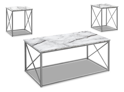 Kasey 42.25" Modern 3-Pack Coffee + 2 End Tables - White Marble Look with Grey Metal Base|Ensemble 3 tables modernes Kasey de 42,25 po (table à café et 2 tables de bout) - imitation de marbre blanc avec base en métal gris