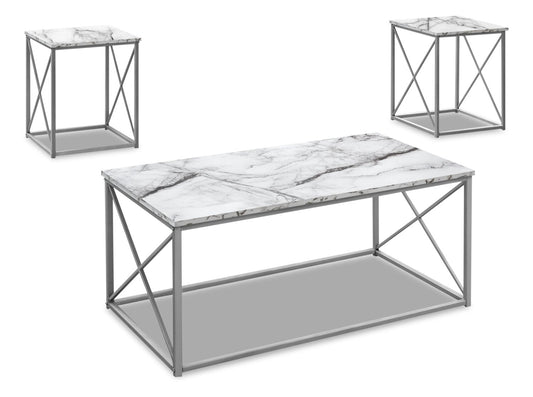 Kasey 42.25" Modern 3-Pack Coffee + 2 End Tables - White Marble Look with Grey Metal Base|Ensemble 3 tables modernes Kasey de 42,25 po (table à café et 2 tables de bout) - imitation de marbre blanc avec base en métal gris