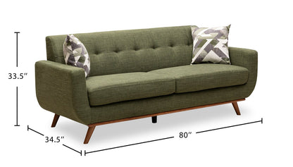 Kort & Co. Freeman 80” Linen-Look Fabric Condo Size Sofa with Wood Legs - Avocado Green | Sofa Freeman de Kort & Co. de 80 po de format condo en tissu d’apparence lin avec base et pattes en bois - vert avocat